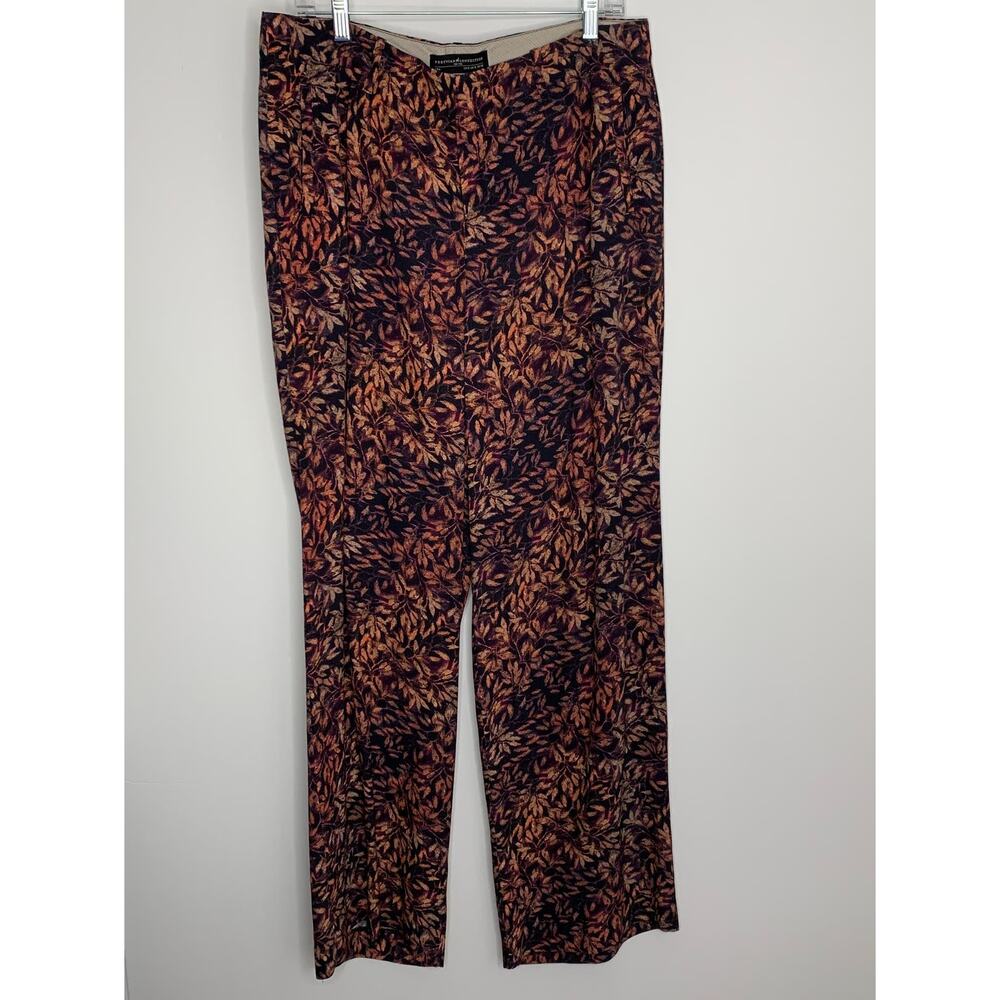 Peruvian Connection Pants  Rust Leaf Print Black Straight Leg Mid Rise Pockets